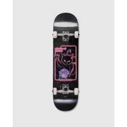 Globe Master of Chaos 8.0 inch complete skateboard featuring a natural wood grain veneer with a cartoon black cat graphic.