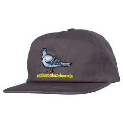 Antihero Lil Pigeon Snapback Hat in grey and yellow showcasing the embroidered bird mascot on the front crown.