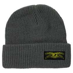 Antihero Stock Eagle Label Cuff Beanie in grey showcasing the woven eagle logo on the front fold.