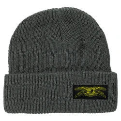 Antihero Stock Eagle Label Cuff Beanie in grey showcasing the woven eagle logo on the front fold.
