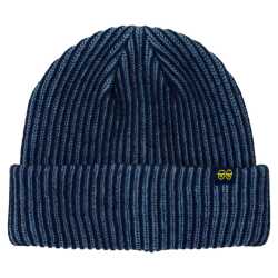 Krooked Eyes Cuff Beanie in navy showcasing the embroidered eyes logo on the front fold.