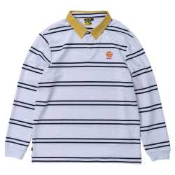 Krooked Rugby Sun Heart Long Sleeve in white and navy showcasing its striped pattern and embroidered chest logo.
