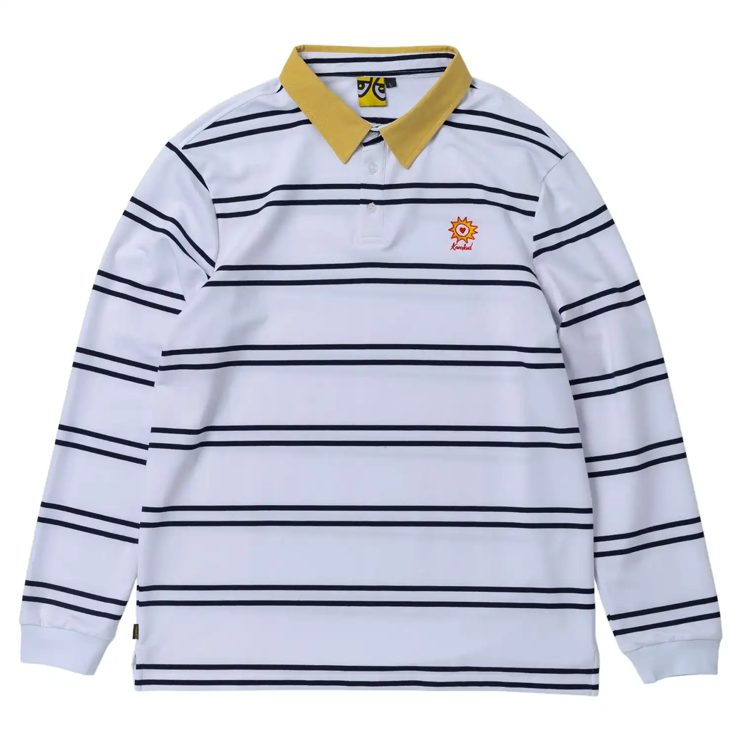 Krooked Rugby Sun Heart Long Sleeve in white and navy showcasing its striped pattern and embroidered chest logo.