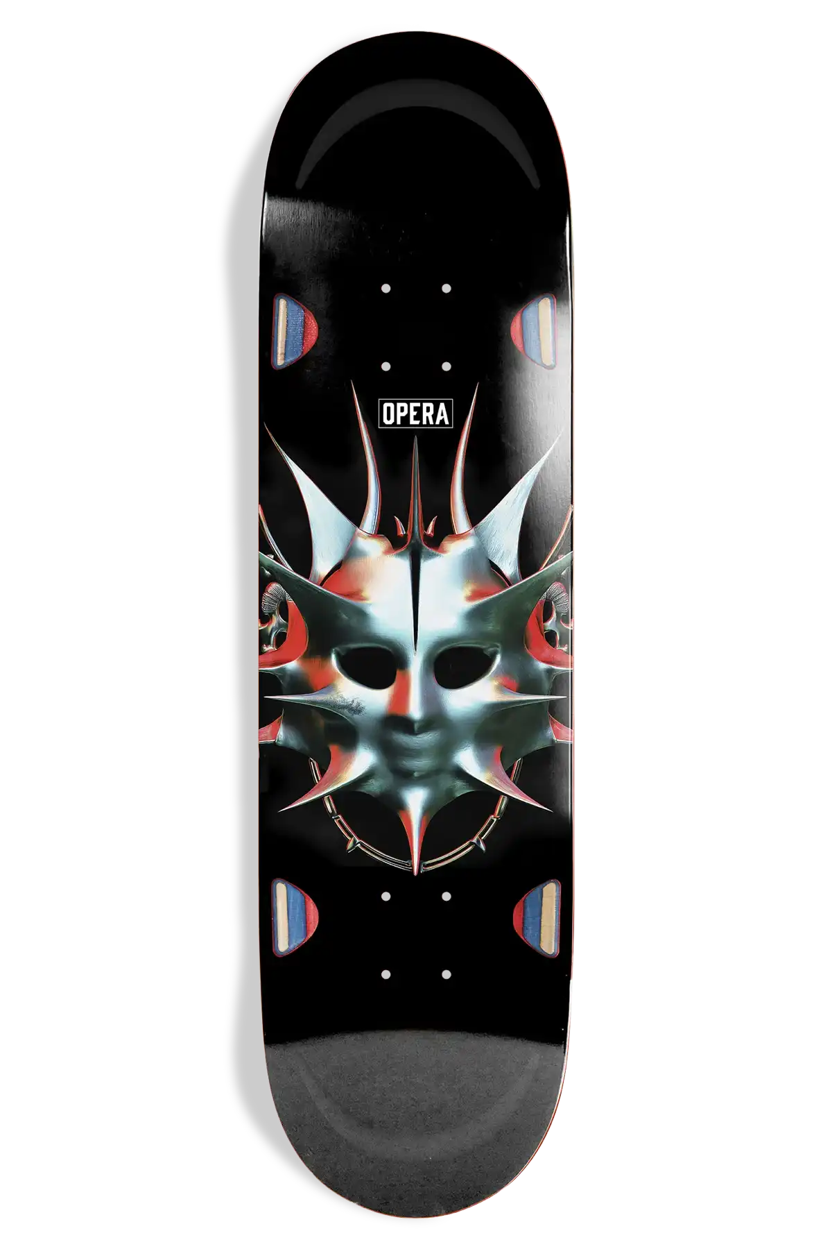 Opera Spike EX7 9.0 inch shaped skateboard deck showcasing its profile shape and premium wood veneer construction layers.