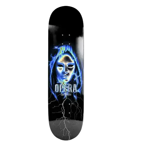 Opera Trey Wood Lightning EX7 pro model skateboard deck showcasing its profile shape and construction layers.