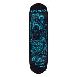 Antihero Grant Taylor DBX Expression skateboard deck featuring a stylized train illustration and bold logo art over a stained wood grain background.