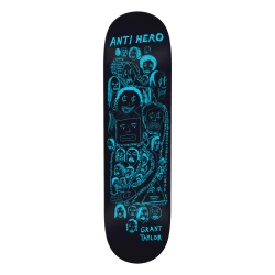 Antihero Grant Taylor DBX Expression skateboard deck featuring a stylized train illustration and bold logo art over a stained wood grain background.