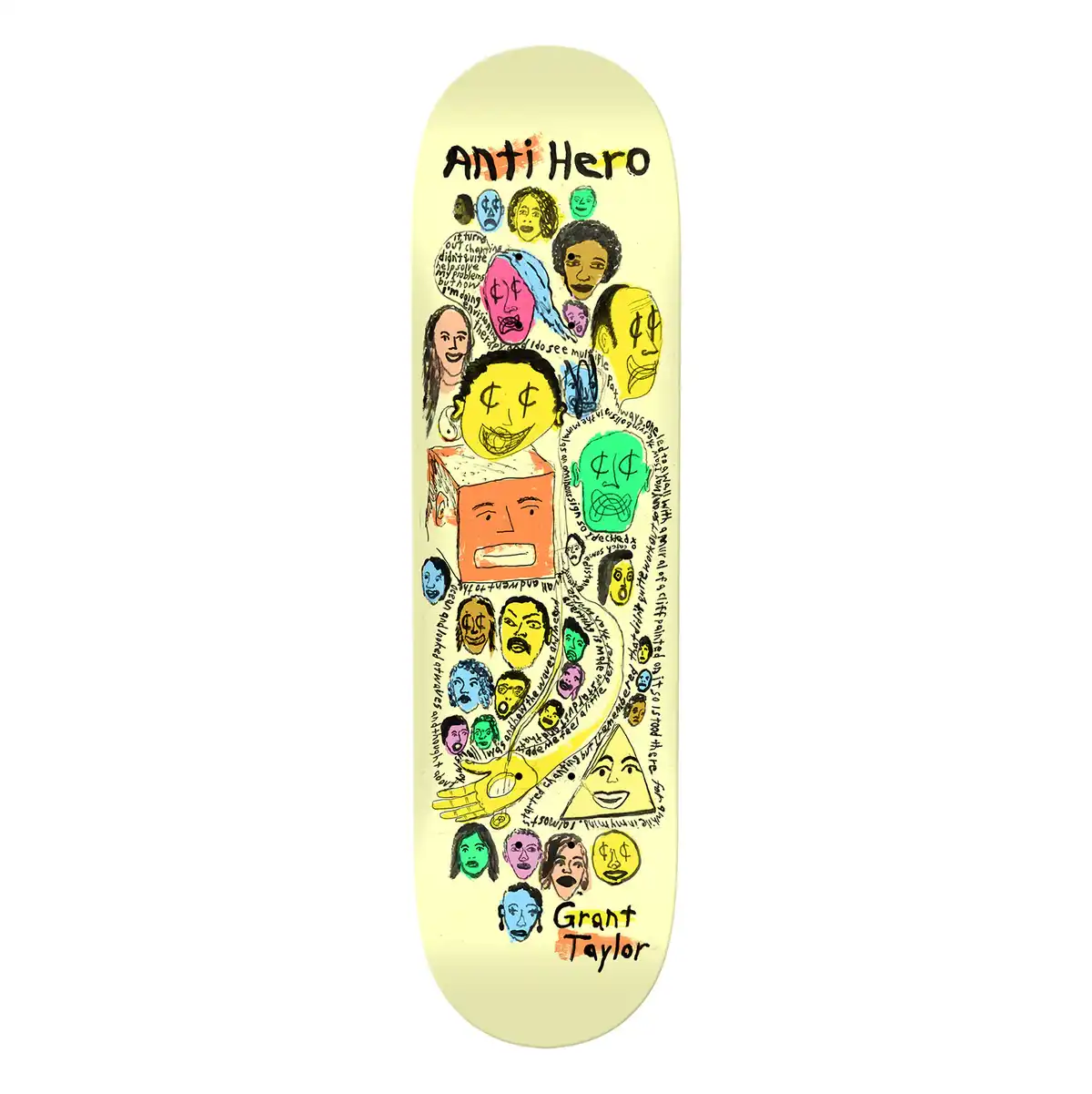 Antihero Grant Expressions Deck 8.5 inch skateboard deck featuring custom pro series artwork on a stained wood veneer background.