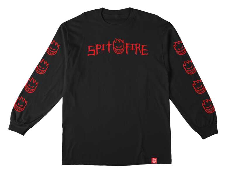 Spitfire Rough Scribble Bighead Long Sleeve shirt in black with red graphic prints down the sleeves.