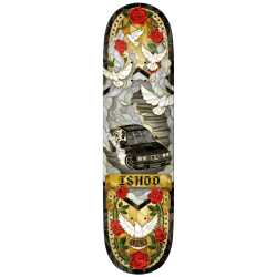Real Ishod Cathedral II TT skateboard deck featuring an intricate stained-glass graphic with white doves, red roses, and a black sports car.