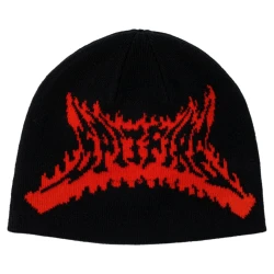 Spitfire Flameout skully beanie in black showcasing the collaborative front woven logo patch.