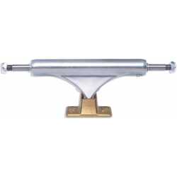 Slappy Trucks Inverted Hollow Lights Ultra Low kingpin skateboard trucks in a polished silver and gold colorway.