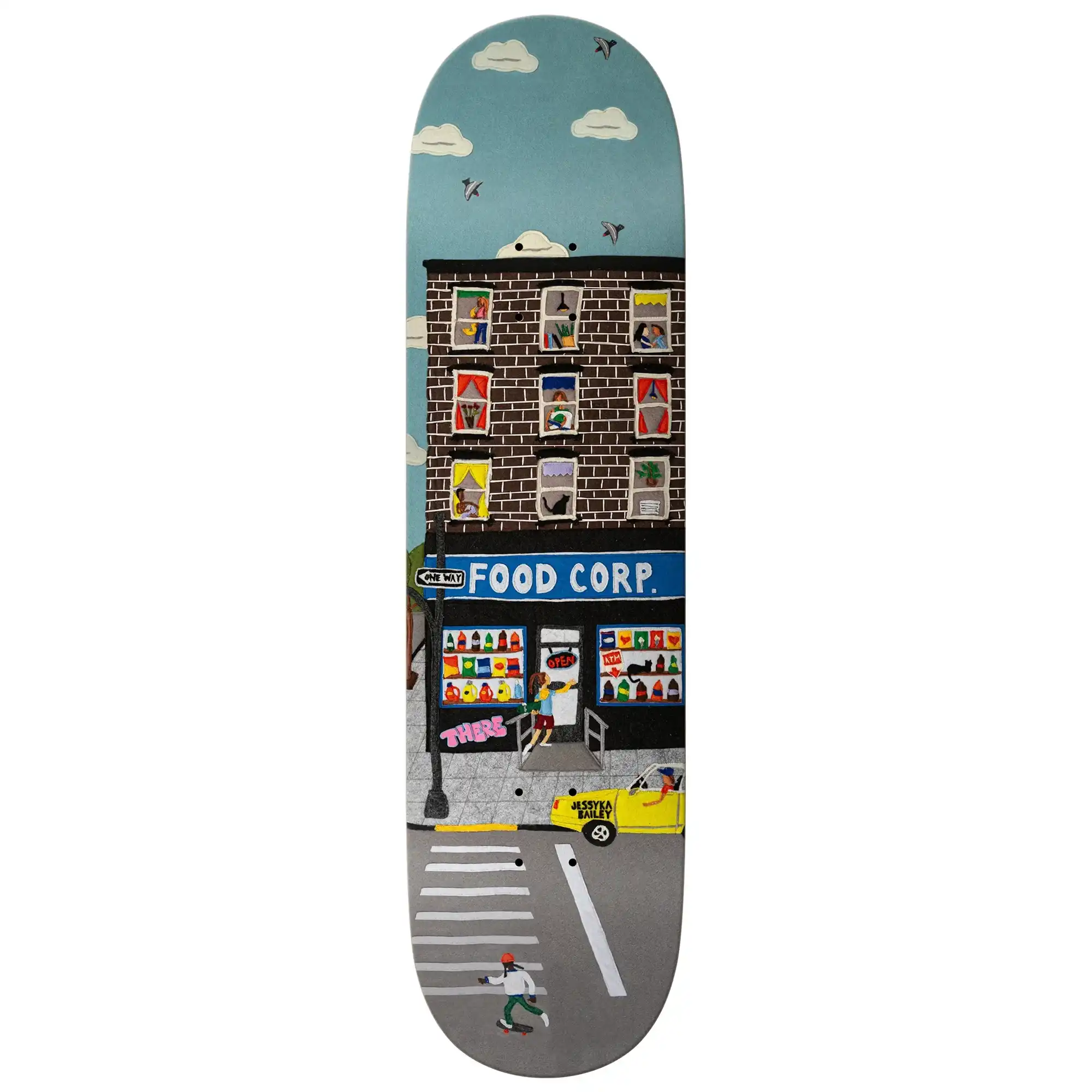 There Skateboards Jessyka Bev Break 8.12 inch skateboard deck featuring an artistic illustrative line graphic over a stained wood veneer background.