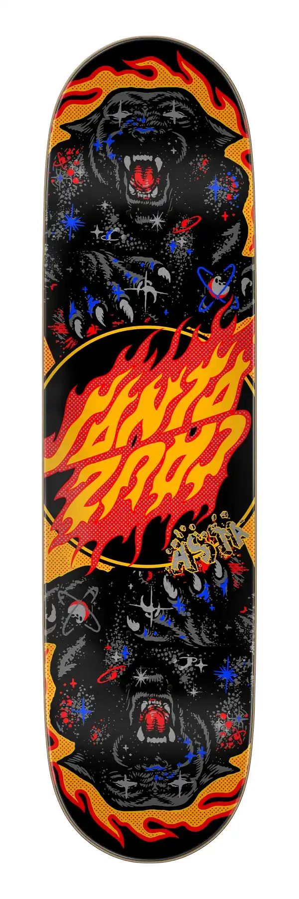Santa Cruz 8.2 inch Asta Cosmic Cat Twin Pro Deck showing top and bottom graphics.