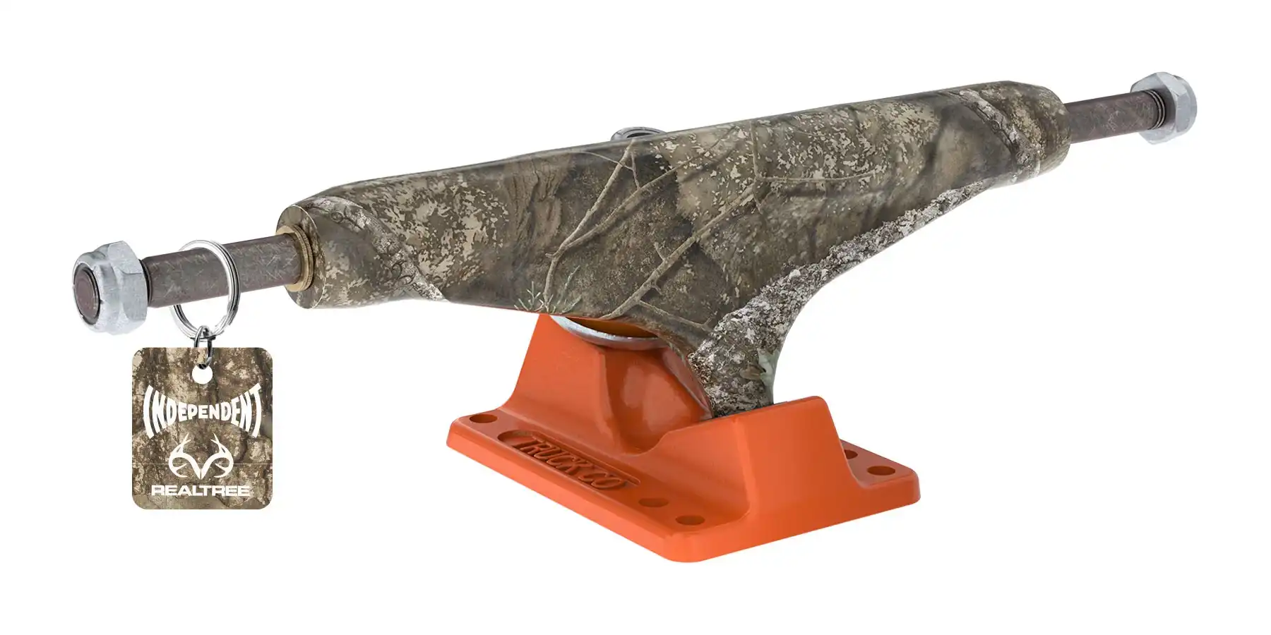 Independent Stage 11 Standard Realtree APX Trucks showing camo hanger and orange baseplate.