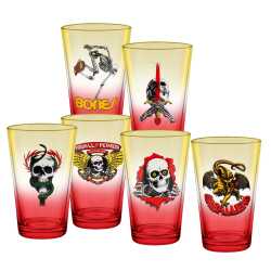 Set of 6 Powell Peralta Legendary Pint Glasses in Yellow and Red Fade.